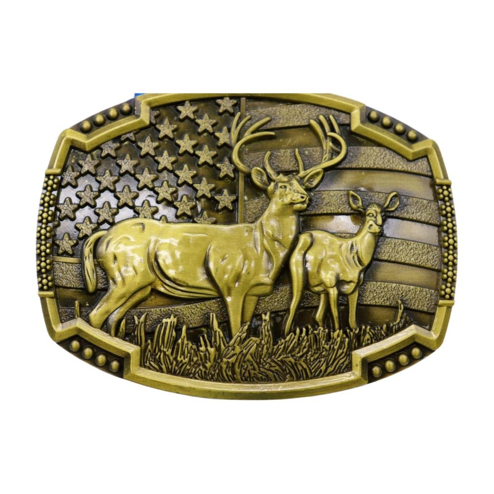 Men Gold Metal Belt Buckle Deer Nature Hunter Western Fashion Accessory USA Flag